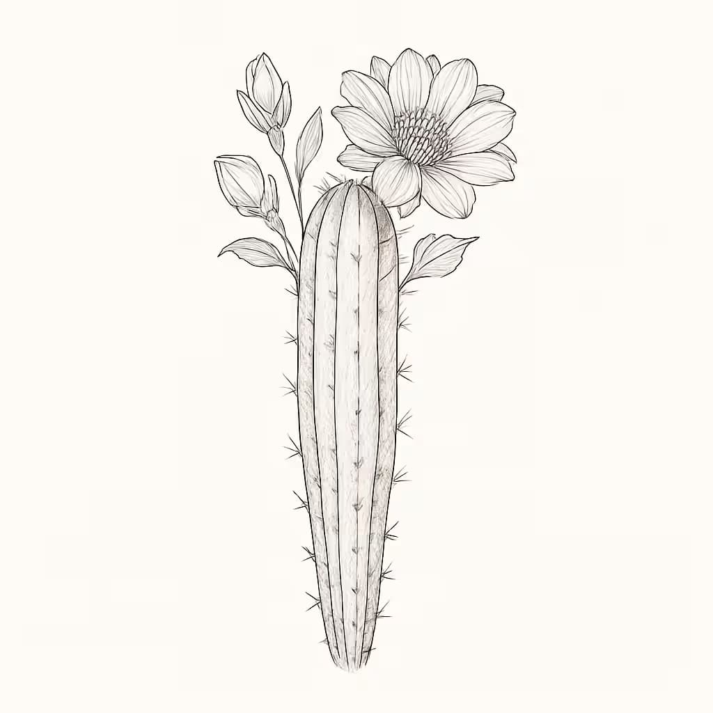 Cactus Tattoo Fine-Line Blooming Flowers Design