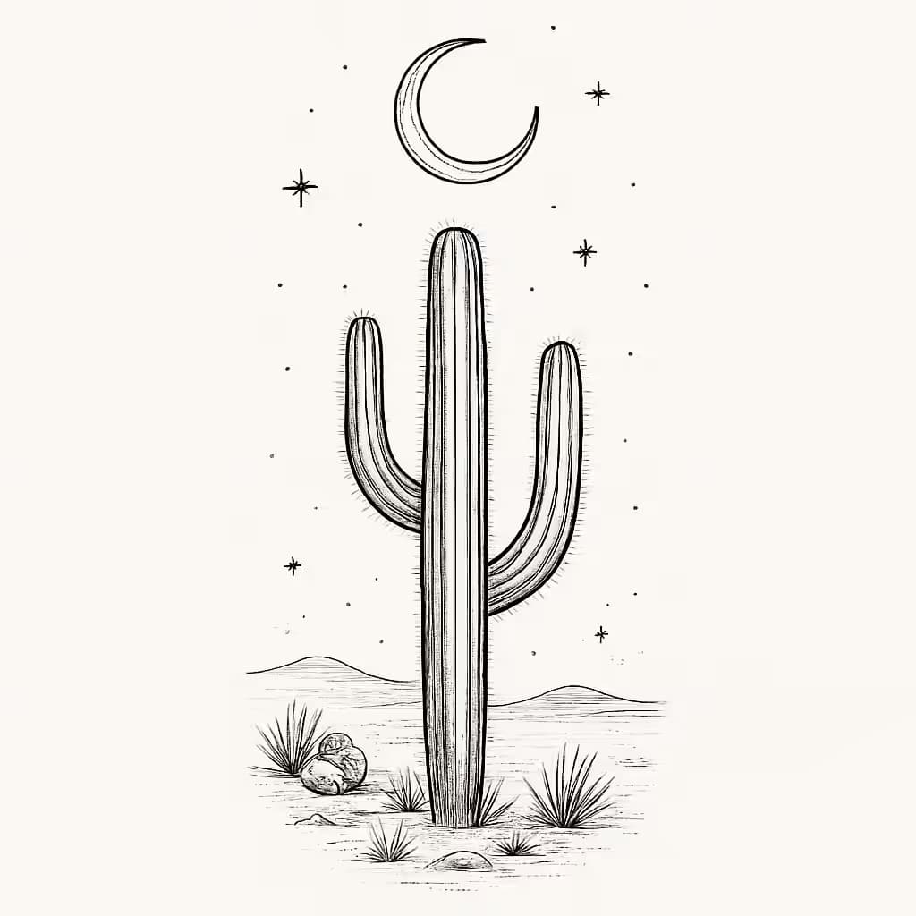 Cactus Tattoo Fine-Line Design: Crescent Moon Serenity