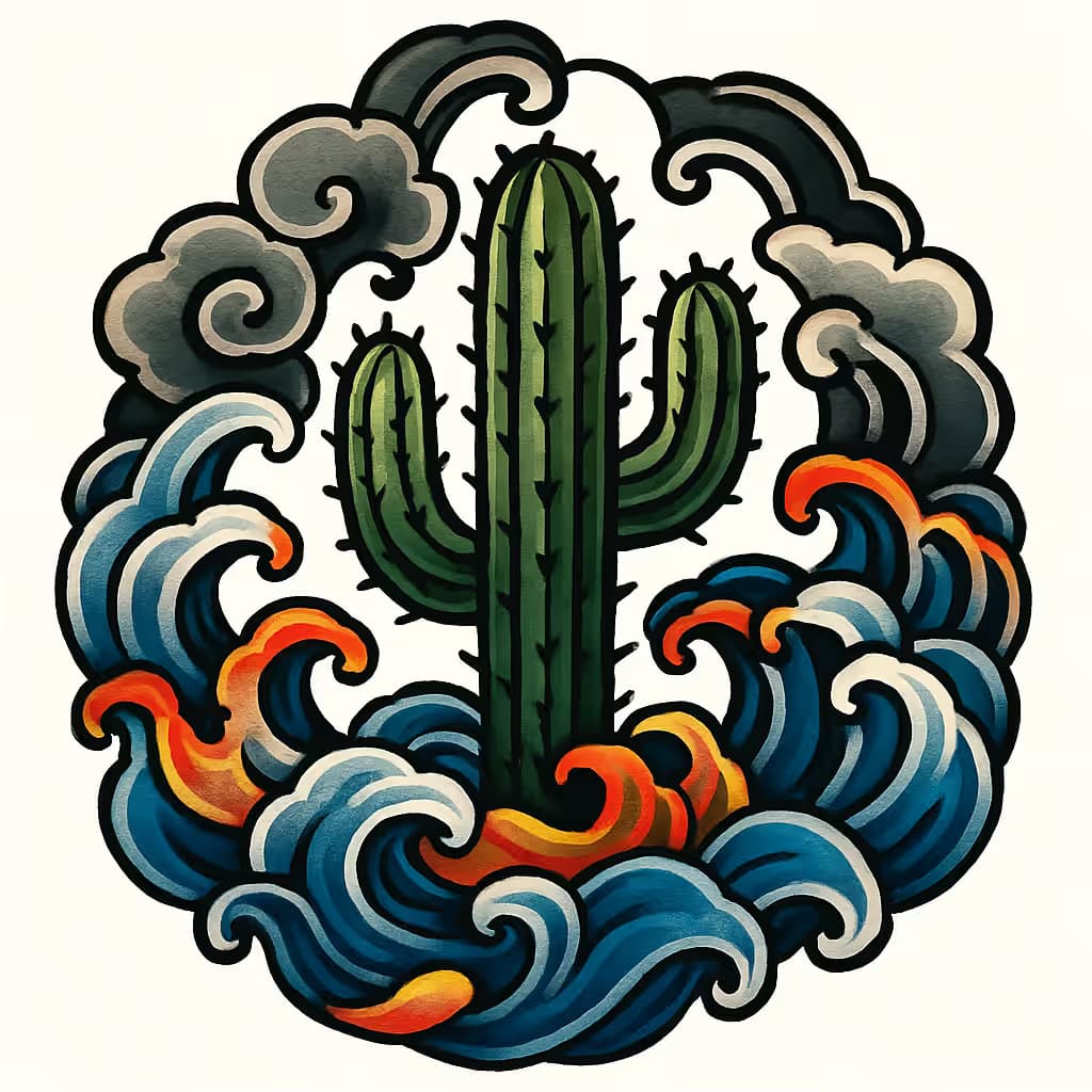 Cactus Tattoo: Japanese Wave-Inspired Design