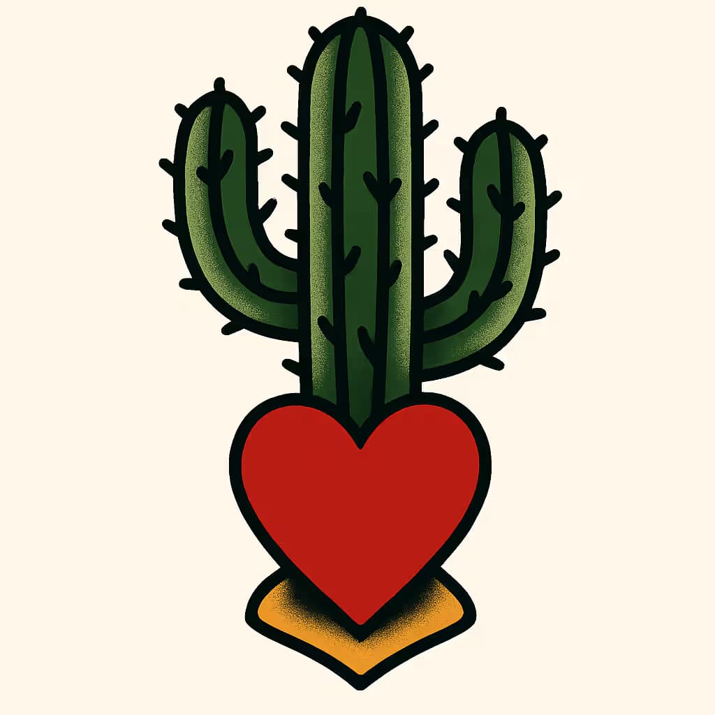 Cactus Tattoo - Traditional Cactus and Heart Design