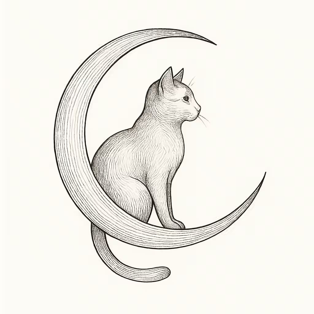 Cat Tattoos Crescent Moon Fine-Line Design