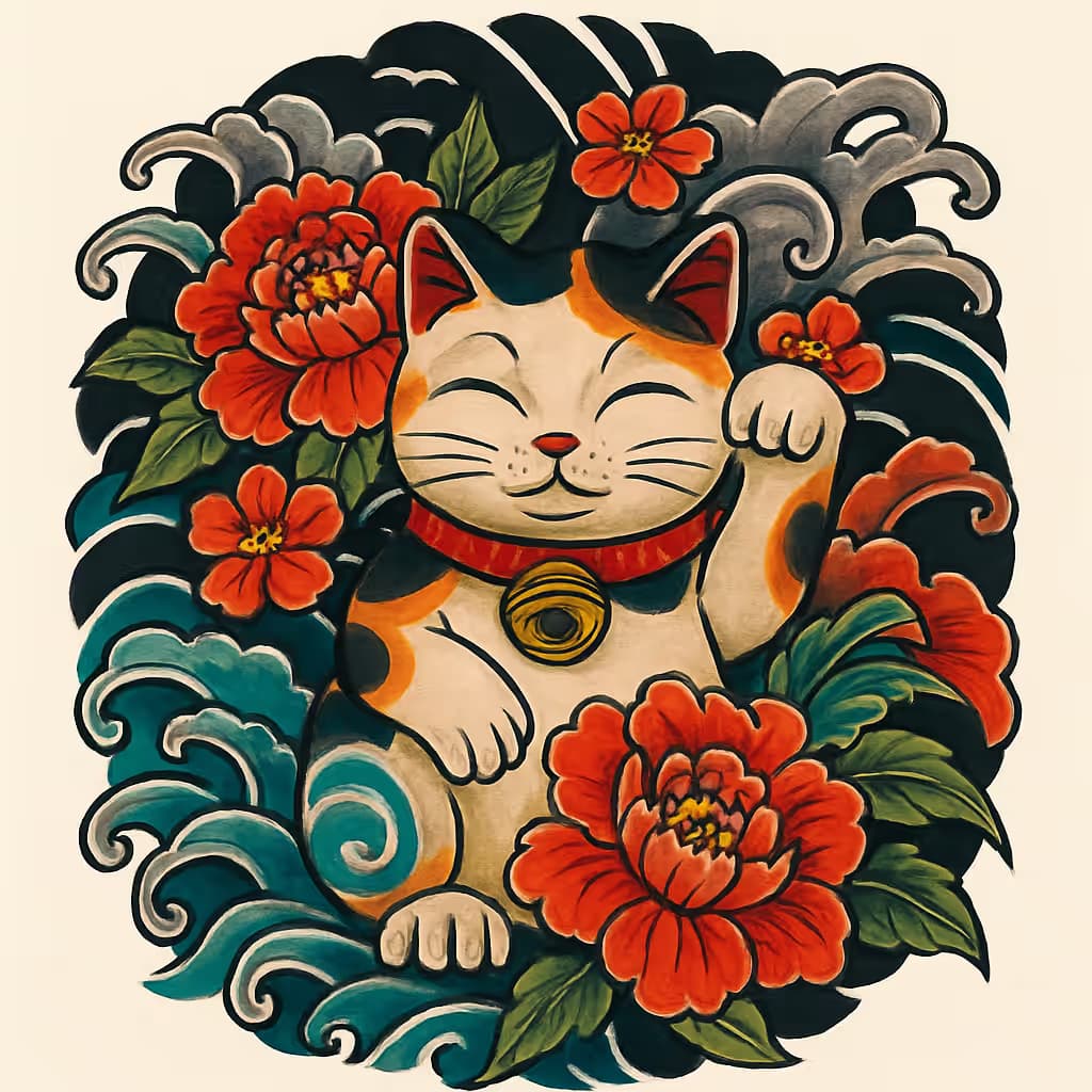 Cat Tattoos: Japanese Lucky Cat Fortune Design