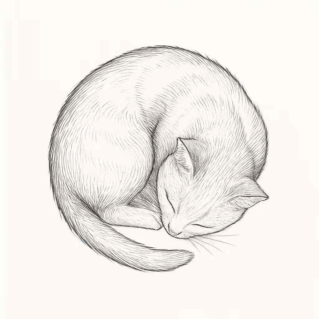 Cat Tattoos: Fine-Line Sleeping Cat Outline Design